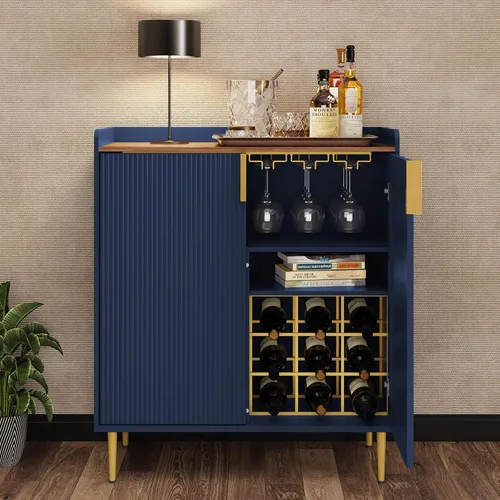 Miniatura 10 de ARTPOWER Aparador Buffet con Textura Acanalada, Gabinete Moderno de Barra de Café con Estante para Vinos y Cajones, Gabinete Negro de Licor