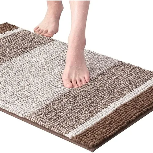 Miniatura 2 de 1 alfombra de baño de felpilla extrasuave tamaño 20 pulgadas de ancho x 32 pulgadas de largo, diseño a rayas atrevidas, marrón café, felpa, tacto