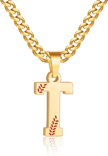 Miniatura 20 de Avotto Collar de béisbol con letra inicial de la A a la Z para niños y hombres, cadena cubana de acero inoxidable resistente que no se decolora