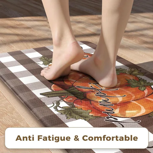 Miniatura 5 de KIMODE Tapetes Antifatiga para Piso de Cocina 17"x47"+17"x29", Juego de 2 Alfombras de Cocina a Cuadros Marrón y Blanco, Tapete de Cocina
