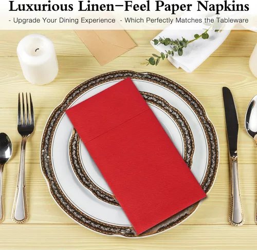 Miniatura 9 de Servilletas rojas desechables con sensación de lino con bolsillo integrado para cubiertos, preplegadas para cuchillos y tenedores, servilletas