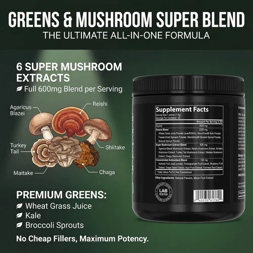 Miniatura 3 de PEScience Greens Powder Superfood con clorofila natural, polvo de hongos Reishi y cola de pavo, col rizada liofilizada, espinacas, brotes de brócoli