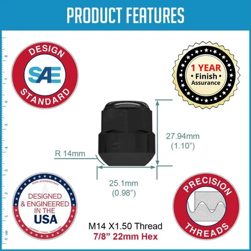 Miniatura 5 de Wheel Accessories Parts 20 tuercas de llanta estilo OEM M14x1.5 14x1.5 de 1.10 pulgadas de largo, color negro, 7/8 pulgadas, 0.866 in, hexagonales