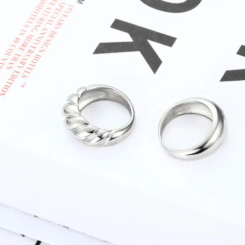 Miniatura 5 de THUNARAZ Juego de 2 anillos de cúpula gruesa para mujer, anillo trenzado minimalista y plateado, anillo apilable, anillo grueso de acero inoxidable