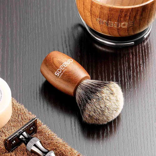 Miniatura 4 de Anbbas Cepillo de afeitar de pelo de tejón puro, mango de madera y jabonera grande con soporte de afeitado de acero inoxidable, kit 3 en 1