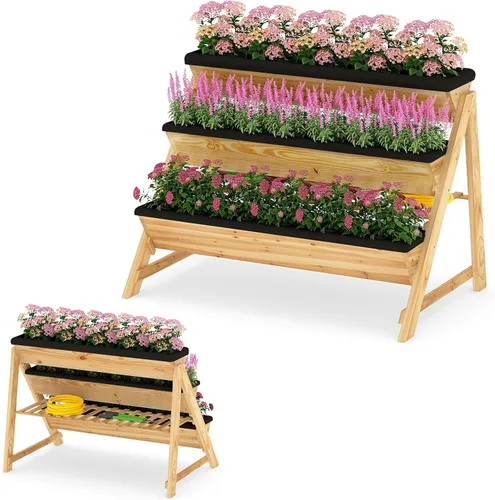 Miniatura 10 de Giantex Cama de jardín vertical elevada, 3 cajas de madera para flores, verduras, frutas y hierbas, maceta de jardín independiente con agujeros