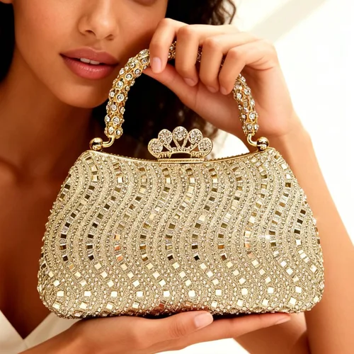 Miniatura 4 de Bolso de mano de noche con diamantes de imitación de cristal para mujer con cierre de corona de asa dorada, cadena desmontable formal para gala