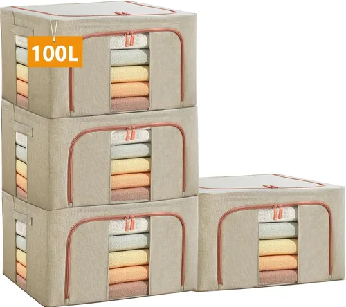 Miniatura 9 de Bolsas de almacenamiento grandes de 100 litros, contenedores apilables de lino con marco de metal en forma de sujeción, 2 vías de apertura