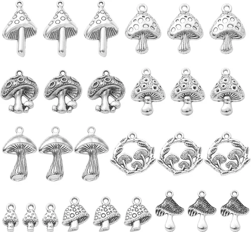 LiQunSweet 90 dijes de hongos de estilo vintage de 9 estilos para hacer joyas, pulseras, aretes, collares, llaveros Encantos de setas_9 estilos