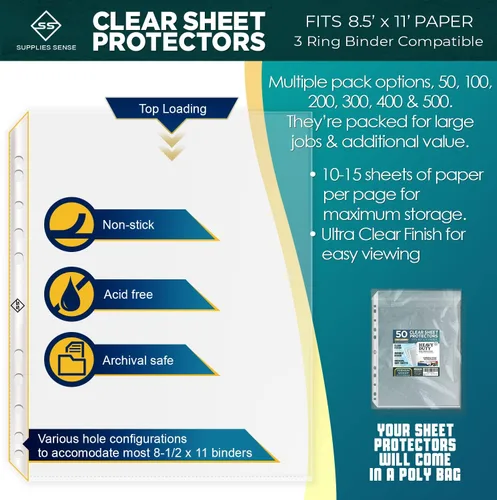 Miniatura 2 de Protectores de hojas para carpeta de 3 anillas, paquete de 50 protectores de páginas transparentes premium de 8.5 x 11 pulgadas, fundas de plástico