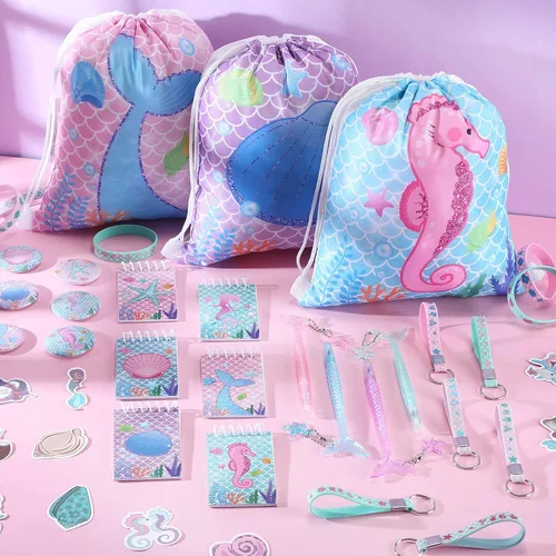 Miniatura 5 de Sherr 140 bolsas de regalo de fiesta de sirena para niñas, suministros de decoración de cumpleaños, incluye bolsas con cordón, pulseras de silicona