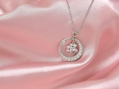 Miniatura 3 de Collar con estampado de patas para mujeres y niñas, de plata de ley para cachorros, gatos, mascotas, collar con dije de círculo, circonita cúbica