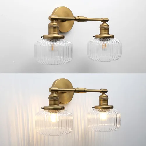 Miniatura 7 de 2 luces de pared industriales de vidrio, lámpara de pared de latón antiguo con pantalla de globo rayado transparente para tocador de baño