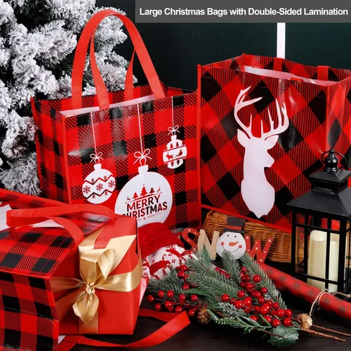 Miniatura 5 de Aneco 12 bolsas grandes reutilizables de Navidad rojas y negras no tejidas con asas, bolsas de regalo para suministros de fiesta, 14 x 13.8 x 7.5