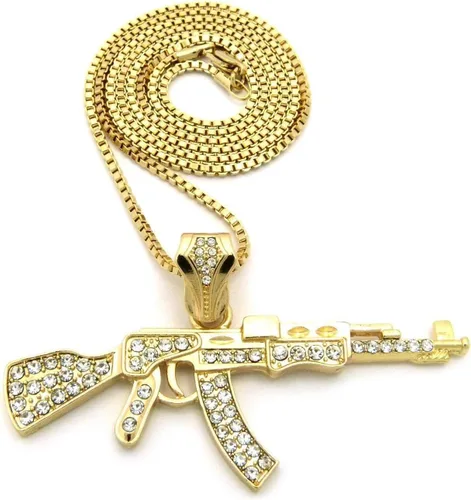 Mens Iced Out ametralladora AK47Chopper, arma Uzi, pistola de mano, caja colgante, cuerda, cadena cubana, set de 3 collares con dije