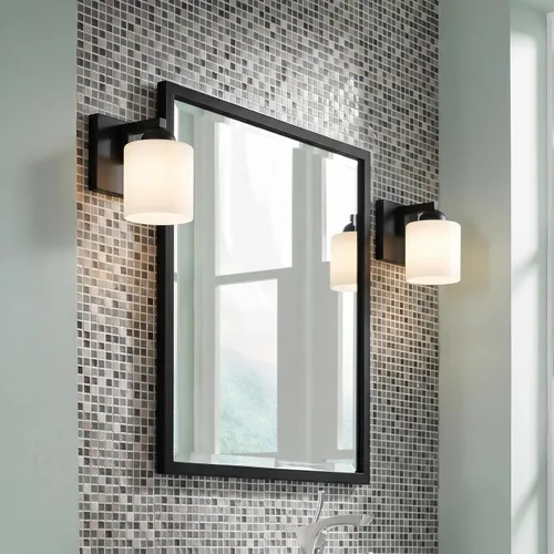 Miniatura 4 de mirrea Lámpara de tocador negra de 1 luz para espejo, aplique de pared de baño con pantallas de vidrio blanco esmerilado