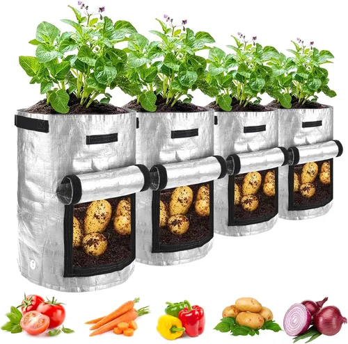 Miniatura 10 de JJGoo Paquete de 2 bolsas de cultivo de patatas de jardín de 10 galones con solapa y asas de aireación, macetas de tela de aireación, macetas