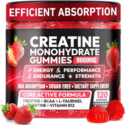 Miniatura 12 de AEQNJV Gomitas de creatina monohidrato complejo 9000 mg, pre-entrenamiento para hombres y mujeres, gomita de creatina con L-taurina, BCAA 2:1, B12/6