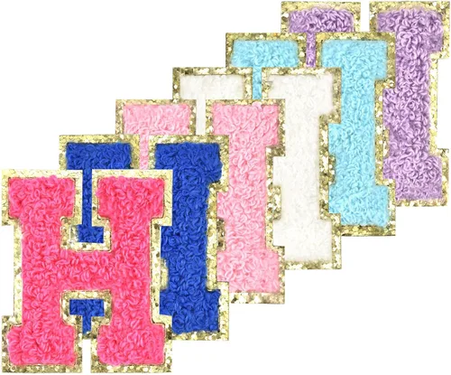 Miniatura 15 de 6 piezas de parches de letras de chenilla autoadhesivas con purpurina para planchar, parches de letras universitarias estilo preppy, letras difusas