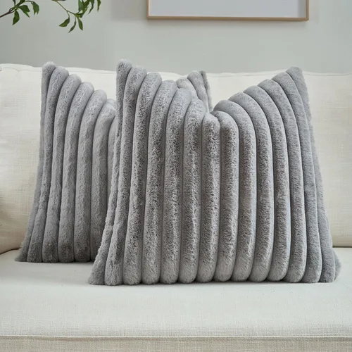 Miniatura 14 de FUTEI - Juego de 2 fundas de almohada decorativas con rayas, cuadradas, para invierno, piel sintética de conejo suave y acogedora y respaldo