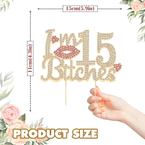 Miniatura 2 de ¡Soy el topper de pastel de cumpleaños número 15 divertido en oro y rosa con strass - ¡Feliz cumpleaños número 15, saludos a los quince años!