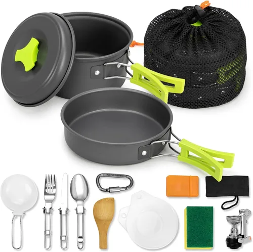 Juego de 15 utensilios de cocina para acampar, juego de ollas ligeras antiadherentes, utensilios de cocina portátiles al aire libre para camping,