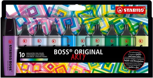 STABILO Resaltador BOSS ORIGINAL - ARTY - Paquete de 10 unidades, colores fríos, punta de cincel, tecnología anti-secado