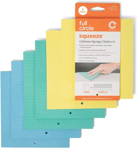 Full Circle Paños de cocina suecos Squeeze – Paquete de 6 paños de esponja de celulosa reutilizables, toallas de limpieza de microfibra súper