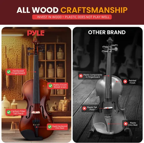 Miniatura 4 de Pyle Violín acústico 4/4 de tamaño completo para principiantes – Juego completo de violines con estuche rígido, arco, cuerdas extra, colofonia, kit