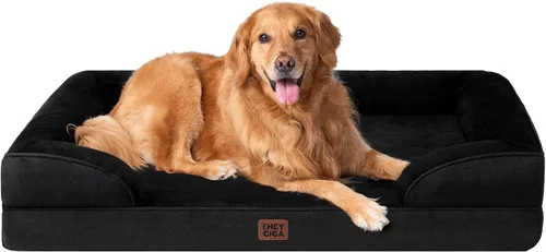 EHEYCIGA - Cama ortopédica XL de perro grande/muy grande, impermeable, de espuma viscoelástica y espuma tipo caja de huevos, bordes elevados, Negro