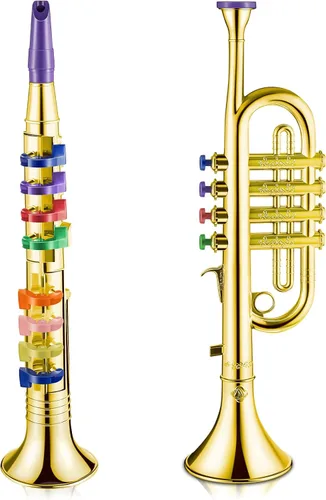 Miniatura 9 de Amylove Juego de 2 juguetes de saxofón y clarinete para niños pequeños, instrumentos de plástico, juguete musical falso, portátil, juguetes