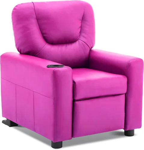MCombo Silla reclinable infantil con portavasos para niños y niñas, sofá reposabrazos con soporte para tazas para niños pequeños, piel sintética Rosa