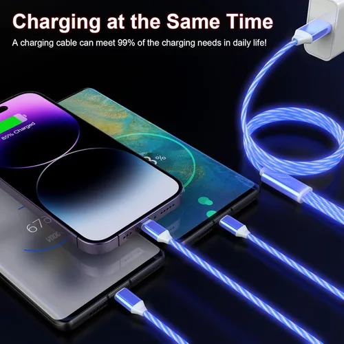 Miniatura 2 de Cable de carga con luz LED que fluye 3 en 1 Lightning/Type C/Micro USB brillante para automóvil para iPhone, cable de carga para automóvil azul