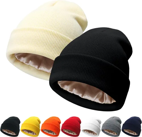 Miniatura 30 de NPQQUAN 2 PCS Satin Lined Beanie for Women Silk Lined Beanies Winter Warm Soft Lining Cuffed Knit Beanie Hats for Women