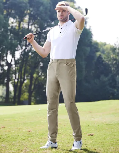 Miniatura 6 de PULI Pantalones de golf para hombre, vestido elástico, de secado rápido, pantalones casuales de negocios con bolsillos para trabajo y viajes