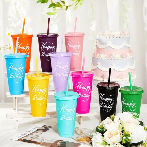 Miniatura 4 de Uiifan 30 vasos de cumpleaños a granel con tapas y pajitas, vasos reutilizables de color morado y rosa para regalos de fiesta, regalos de devolución