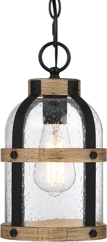 Miniatura 10 de Lámpara colgante para exteriores para porche, moderna linterna colgante exterior con cadena ajustable, acabado de grano negro y madera con vidrio