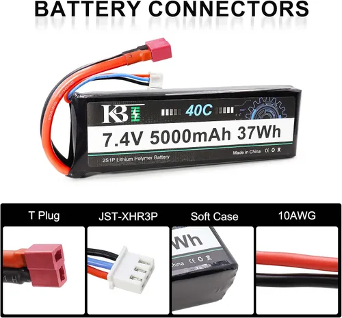 Miniatura 3 de KBT 2S 7.4V LiPo - Batería de alta tasa de descarga, 40C (burst 80C) 5000mAh batería recargable de polímero de litio con enchufe en T para coche RC