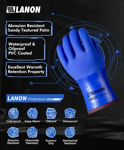 Miniatura 2 de LANON Guantes de Trabajo Pesado con Revestimiento de PVC a Prueba de Frío, Guantes de Trabajo Cálidos Impermeables para Trabajo en Congelador