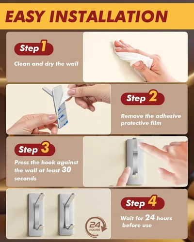 Miniatura 9 de Auxmir Ganchos autoadhesivos resistentes de 15 libras, paquete de 5 ganchos de pared de acero inoxidable para abrigos, toallas, batas, impermeables