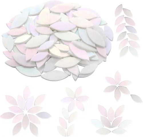 Yoption 100 azulejos de mosaico de pétalos de vidrio iridiscente, cortados a mano, azulejos de mosaico de hojas de flores blancas para manualidades
