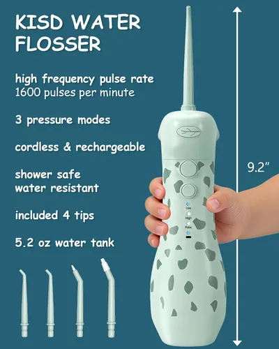 Miniatura 6 de Irrigador dental eléctrico para niños de 6 a 12 años, irrigador oral para niños con 3 modos suaves y 2 modos sónicos, kit dental compatible