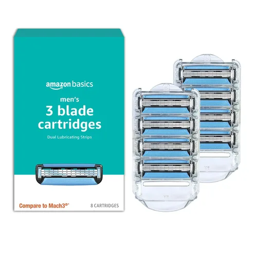 Miniatura 10 de Amazon Basics - Maquinilla de afeitar de 3 cuchillas con esfera de movimiento para hombre y lubricación dual, mango y 20 cartuchos, solo para asas