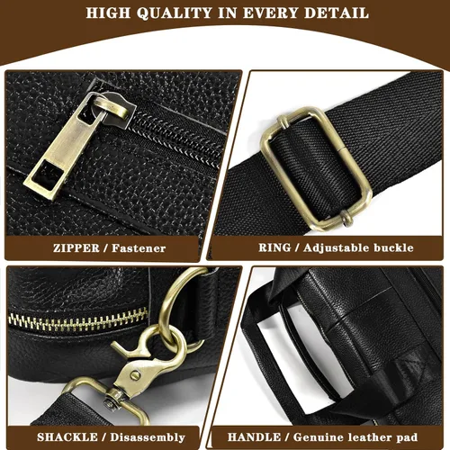 Miniatura 5 de Maletín de cuero genuino para hombres, bolso de hombro para computadora portátil con correa, bolso de trabajo de viaje de negocios de 15.6 pulgadas