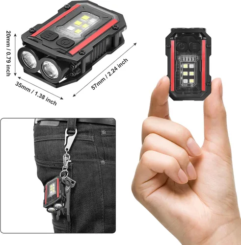 Miniatura 6 de SUNPRO Llavero Mini linterna con clip, luz de bolsillo de 8 modos, luz lateral COB roja y azul, recargable tipo C para senderismo, camping