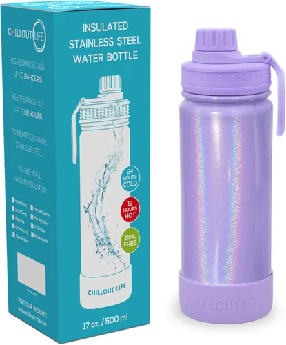 Miniatura 2 de CHILLOUT LIFE Botella de agua aislada para niños de 17 onzas para la escuela con tapa de boquilla a prueba de fugas y bonitas calcomanías Púrpura