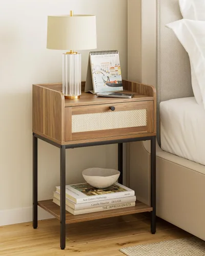 Miniatura 9 de Mesita de noche, mesita de noche moderna de 3 niveles, mesita de noche con cajón de almacenamiento y estante, mesa auxiliar pequeña para dormitorio