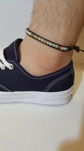 Miniatura 5 de Infinityee888 - Tobillera con cuentas de amazonita de 10 pulgadas, tejida con cordón de cuero, hecha a mano, estilo hippie, bohemio, unisex, idea