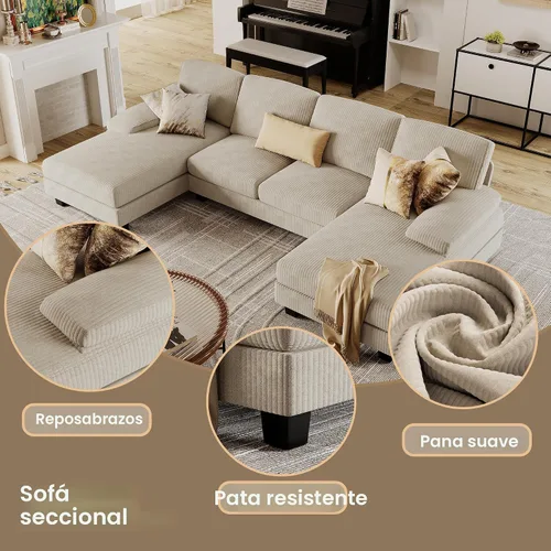 Miniatura 5 de Furmax - Sofás seccionales para sala de estar, sofá en forma de U con tela de lino, juego de sofá de 4 plazas con doble chaise para apartamento Beige