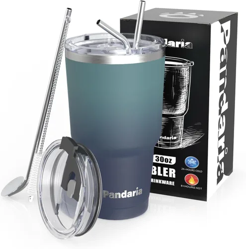 Miniatura 12 de Vaso de viaje para café de 30 onzas, vaso de acero inoxidable de doble pared, reutilizable, a prueba de derrames, con popote, vaso aislado a prueba